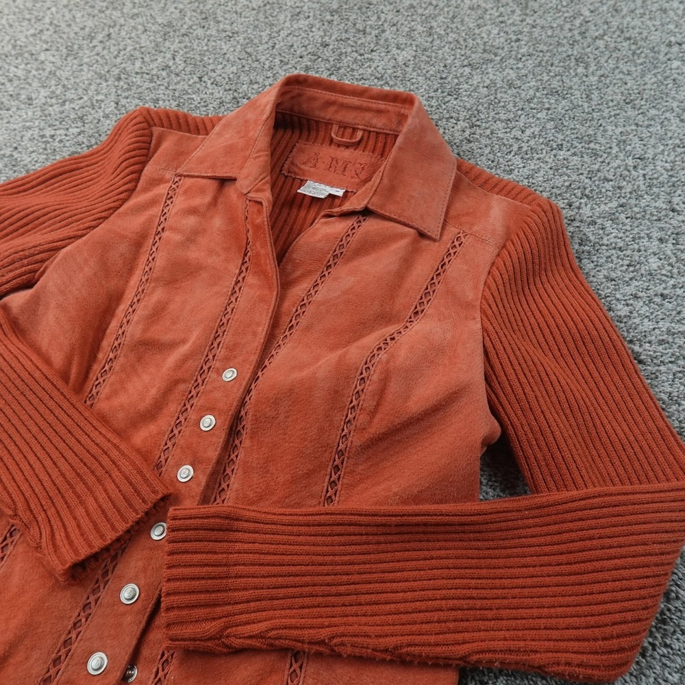 AMI Jacket Womens M Orange Suede Leather Knit Ribbed Snap Front Western Coat Top